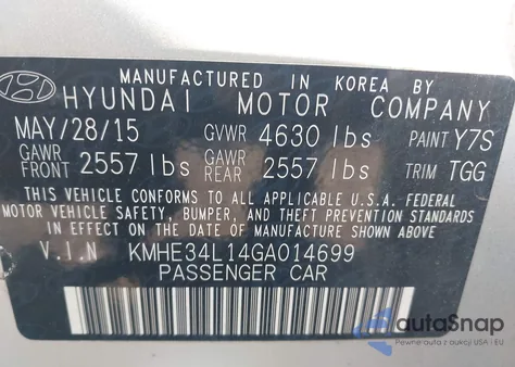 2016 Hyundai Sonata Hybrid Limited z USA, uszkodzony, nr VIN KMHE34L14GA014699